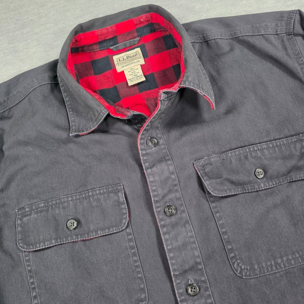 LL Bean Mens Traditional Fit Flannel Lined Twill Shirt Jacket Gray Large 298205